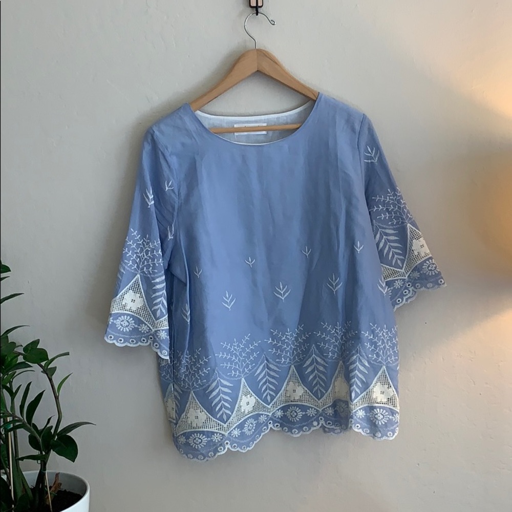 Blue blouse with embroidery and lace detail